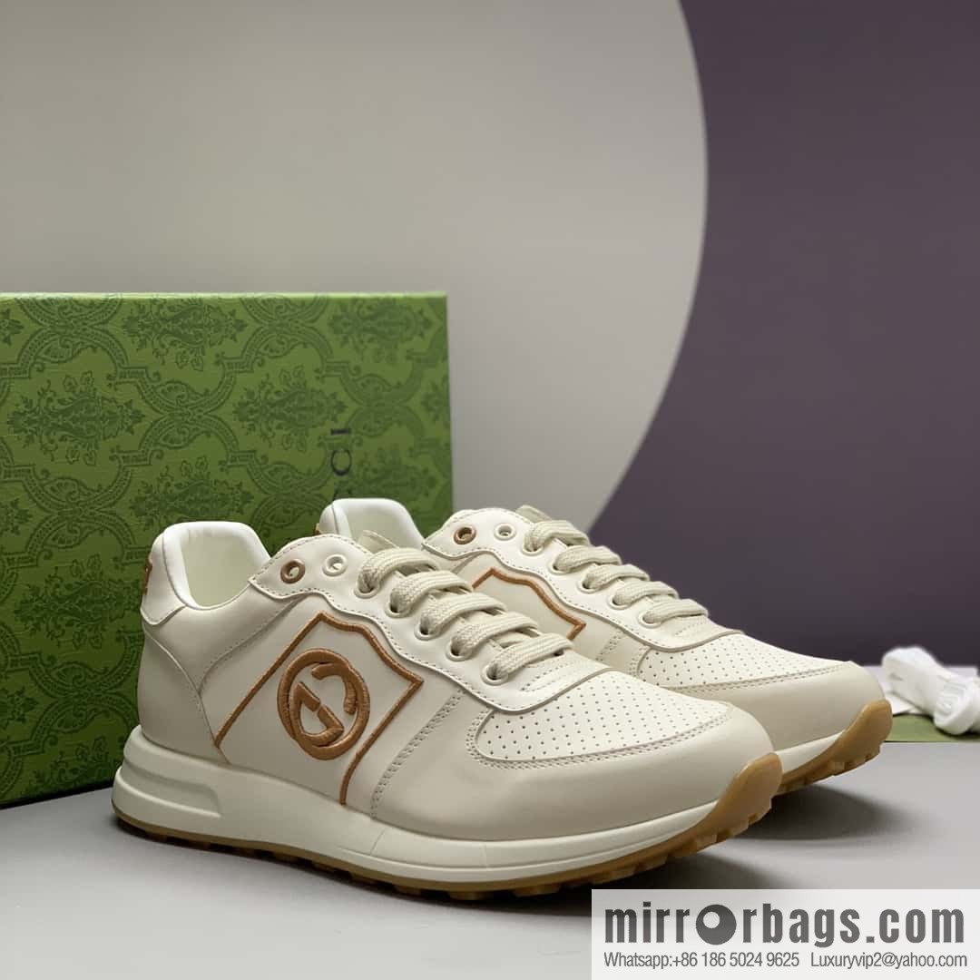 GUCCI beige leather embroidery logo men's sports and leisure shoes