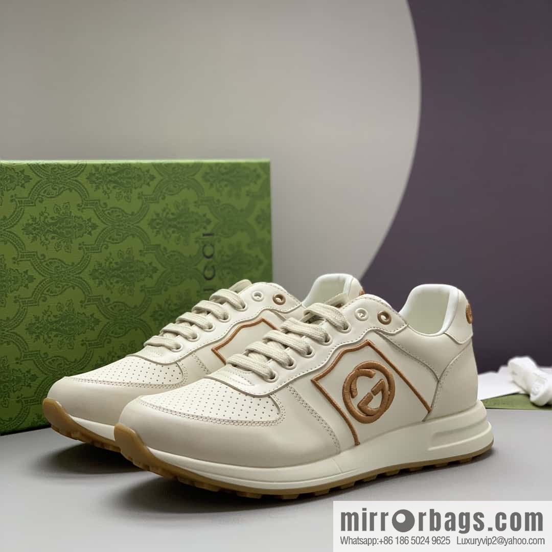 GUCCI beige leather embroidery logo men's sports and leisure shoes
