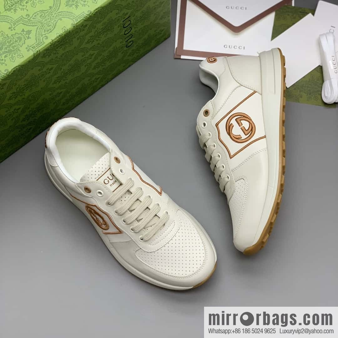 GUCCI beige leather embroidery logo men's sports and leisure shoes