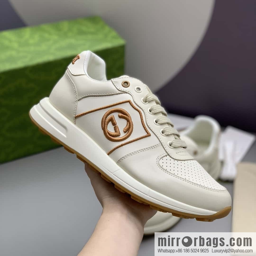 GUCCI beige leather embroidery logo men's sports and leisure shoes