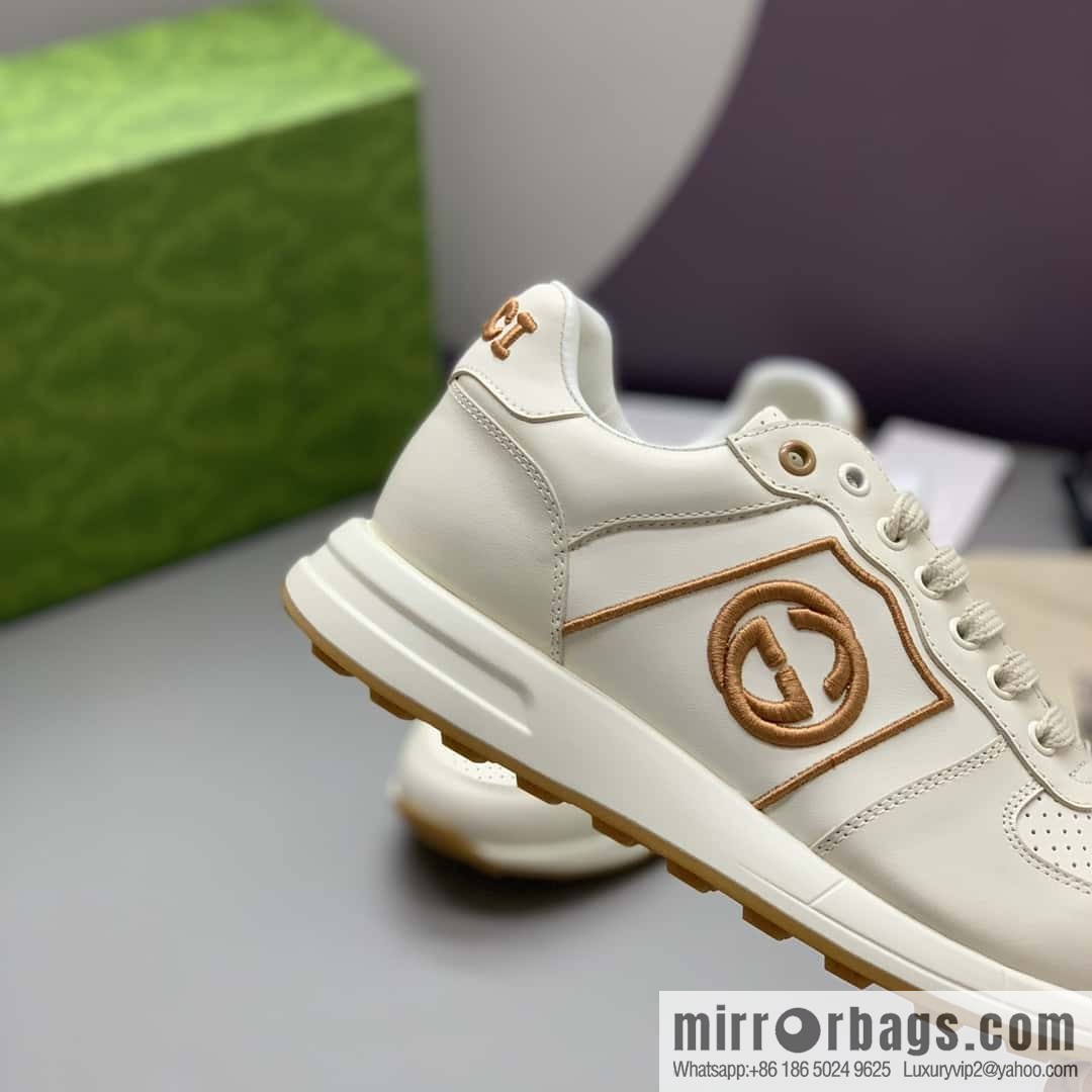 GUCCI beige leather embroidery logo men's sports and leisure shoes