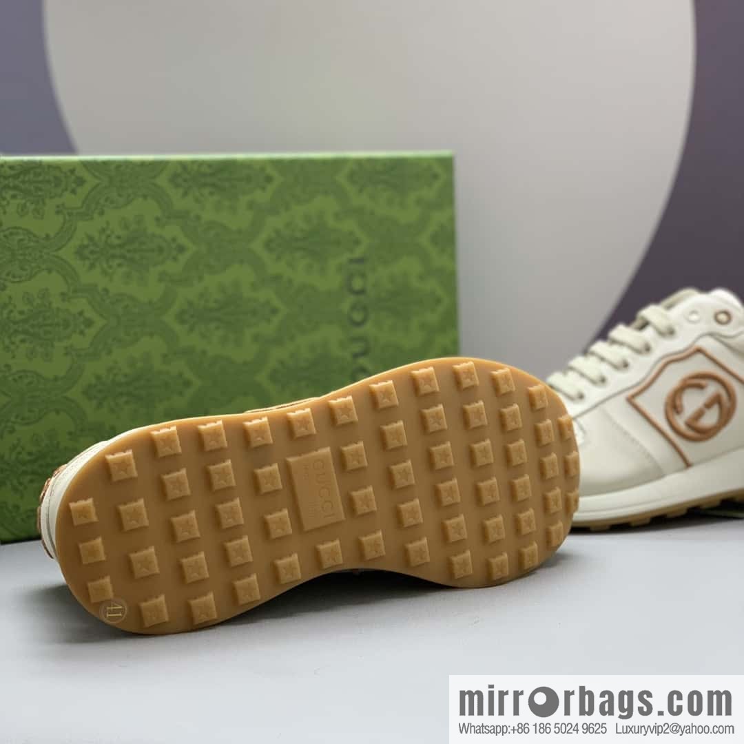 GUCCI beige leather embroidery logo men's sports and leisure shoes