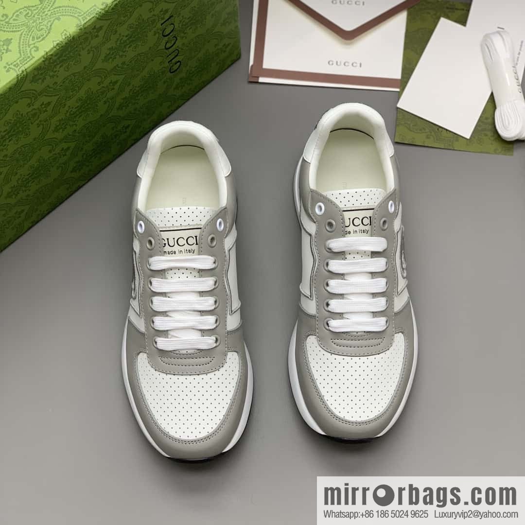 GUCCI gray and white leather embroidery logo men's sports and leisure shoes