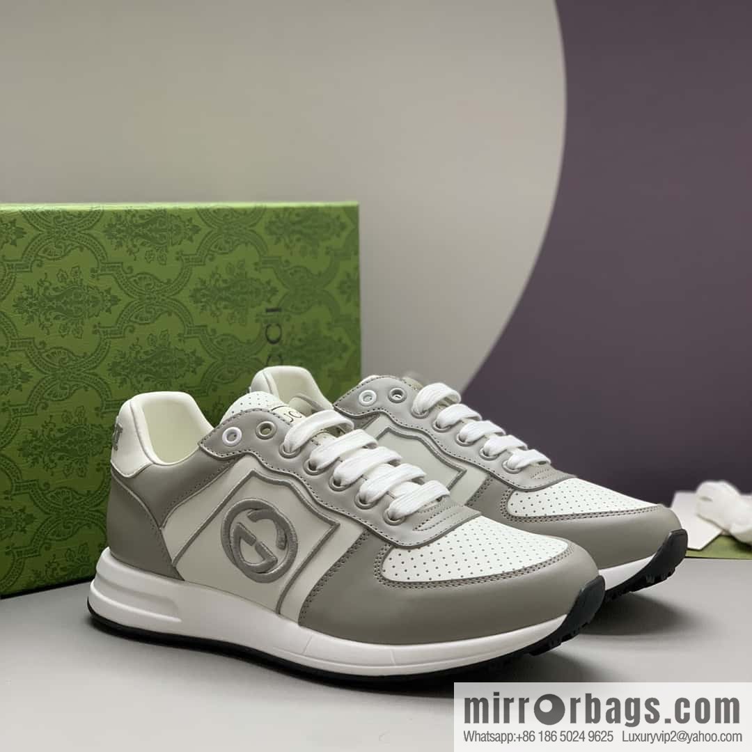 GUCCI gray and white leather embroidery logo men's sports and leisure shoes