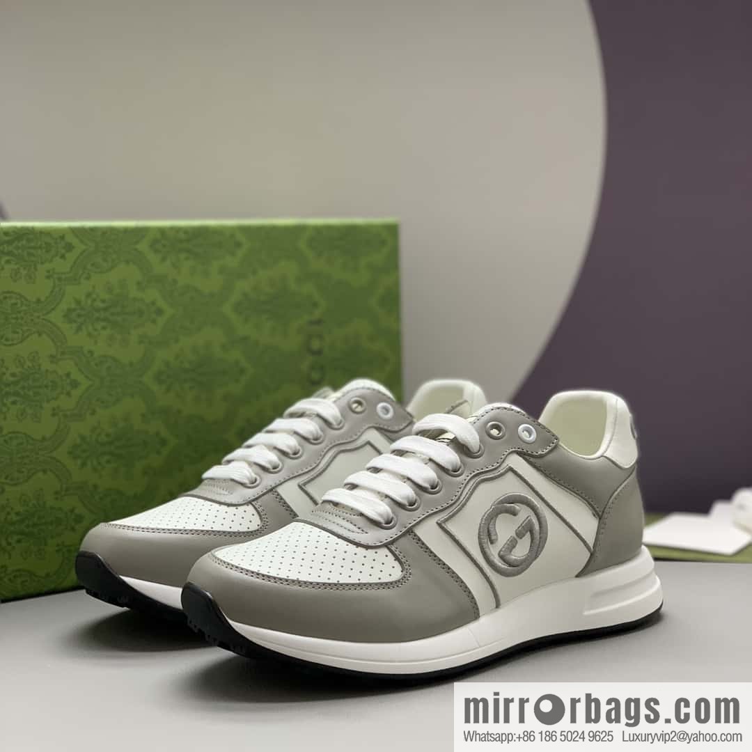 GUCCI gray and white leather embroidery logo men's sports and leisure shoes