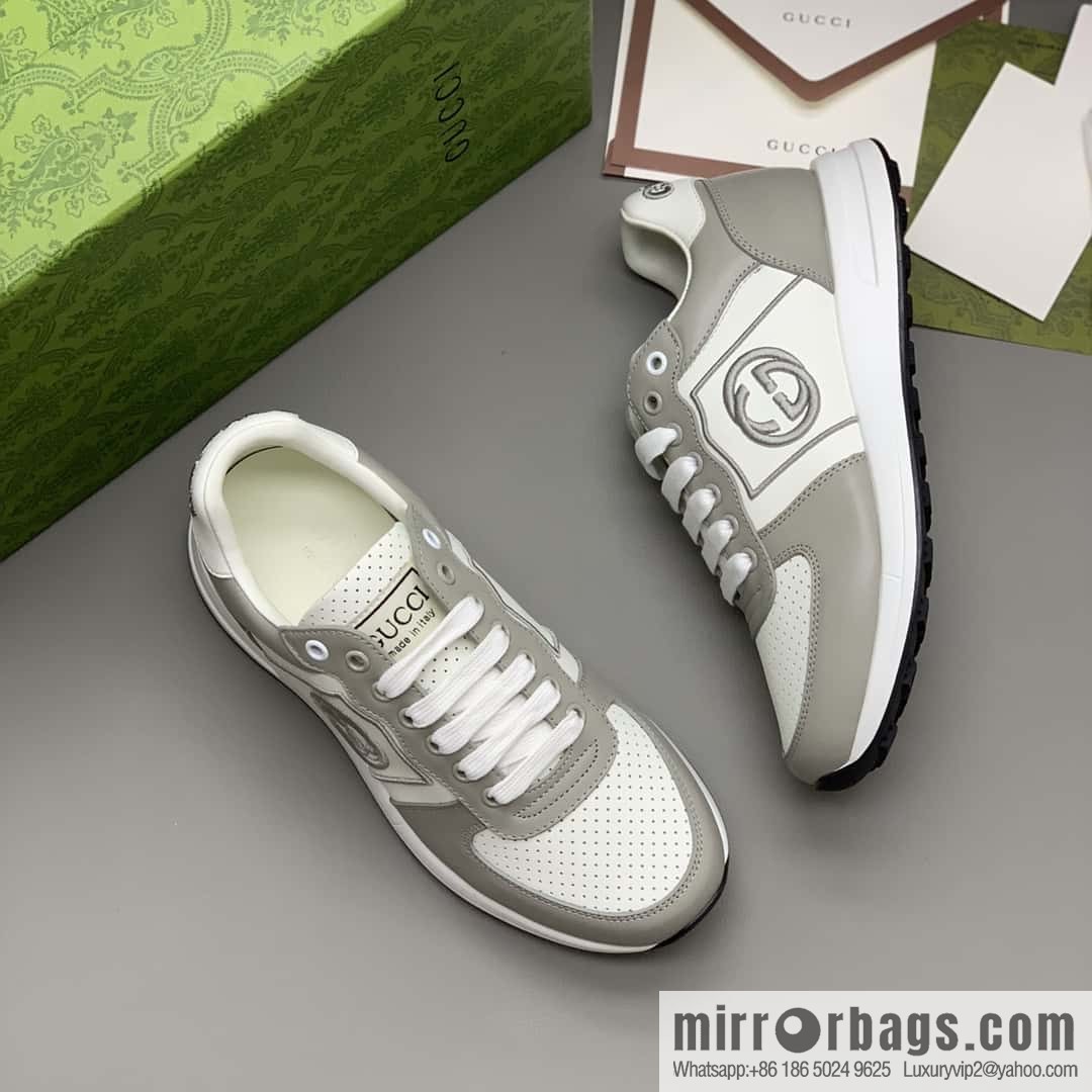 GUCCI gray and white leather embroidery logo men's sports and leisure shoes