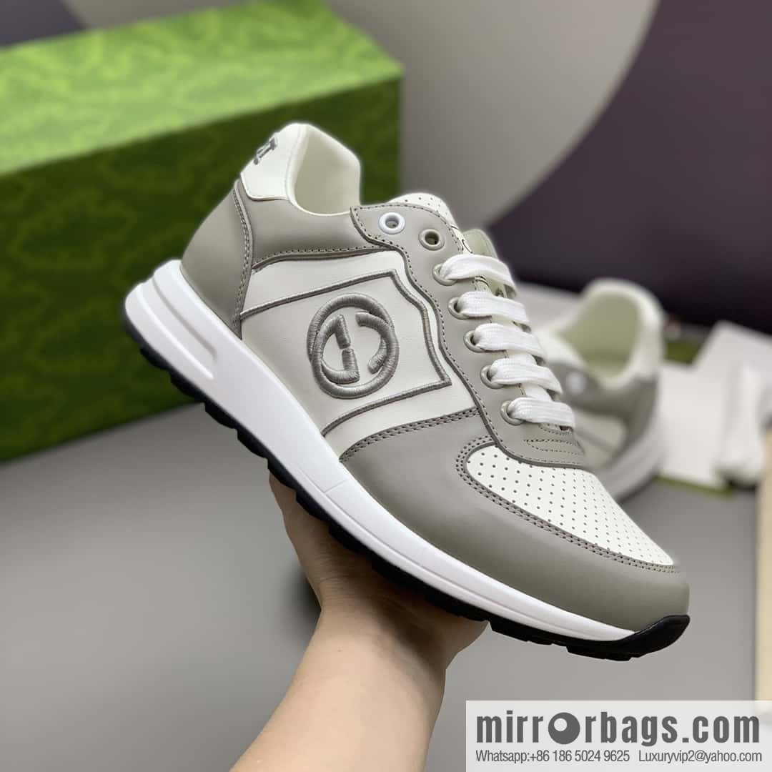 GUCCI gray and white leather embroidery logo men's sports and leisure shoes