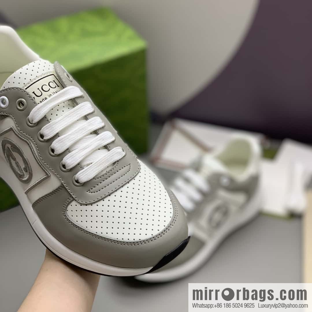GUCCI gray and white leather embroidery logo men's sports and leisure shoes