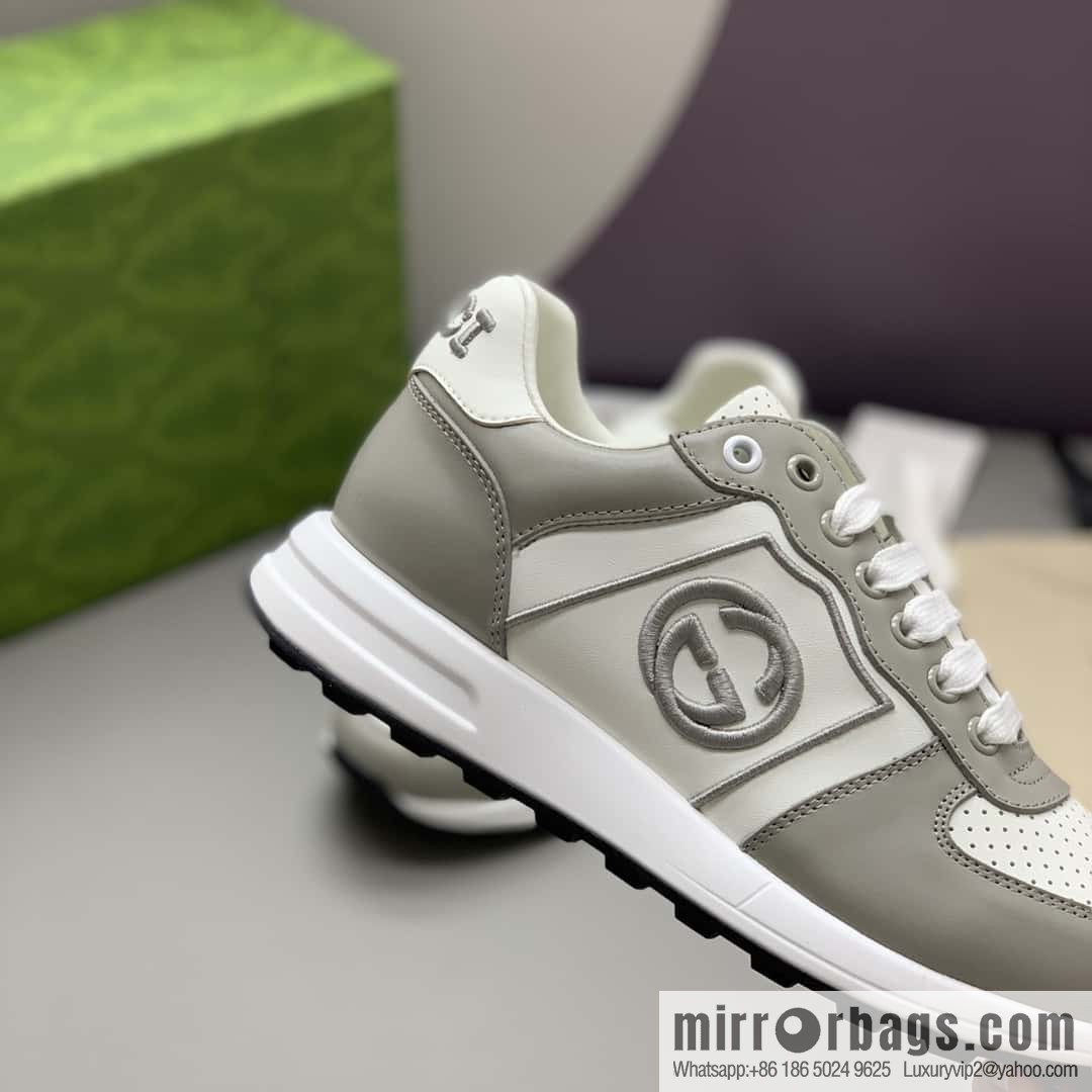 GUCCI gray and white leather embroidery logo men's sports and leisure shoes