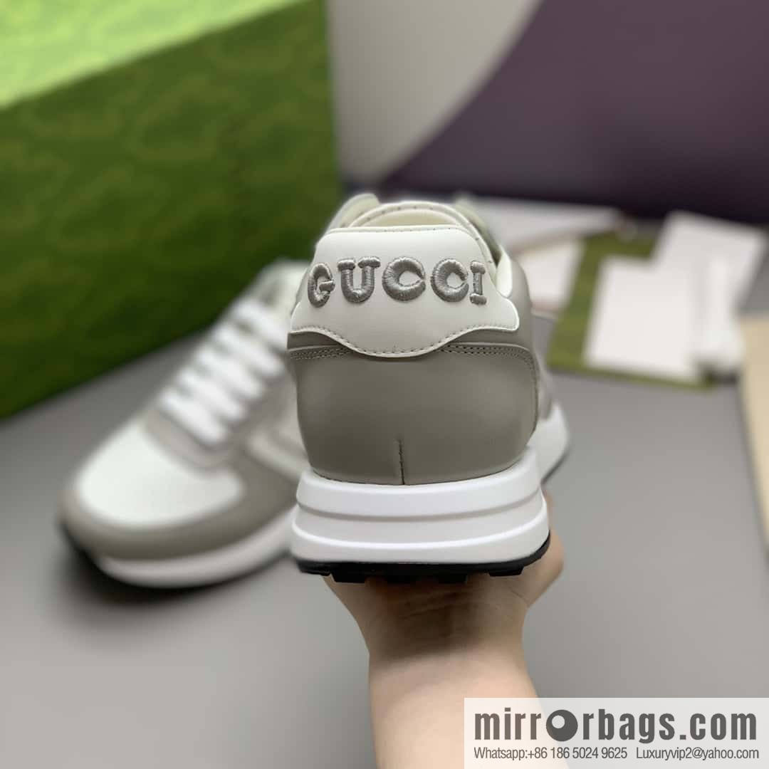 GUCCI gray and white leather embroidery logo men's sports and leisure shoes