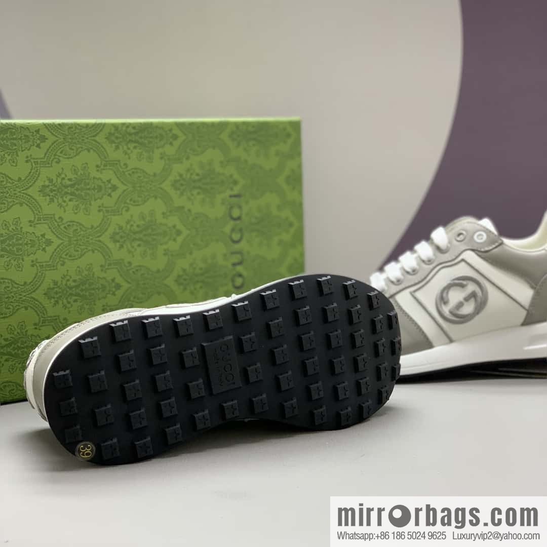 GUCCI gray and white leather embroidery logo men's sports and leisure shoes
