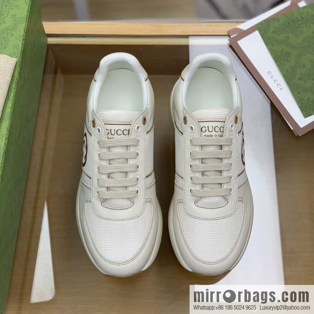 GUCCI beige leather with beige mesh, men's sports running shoes