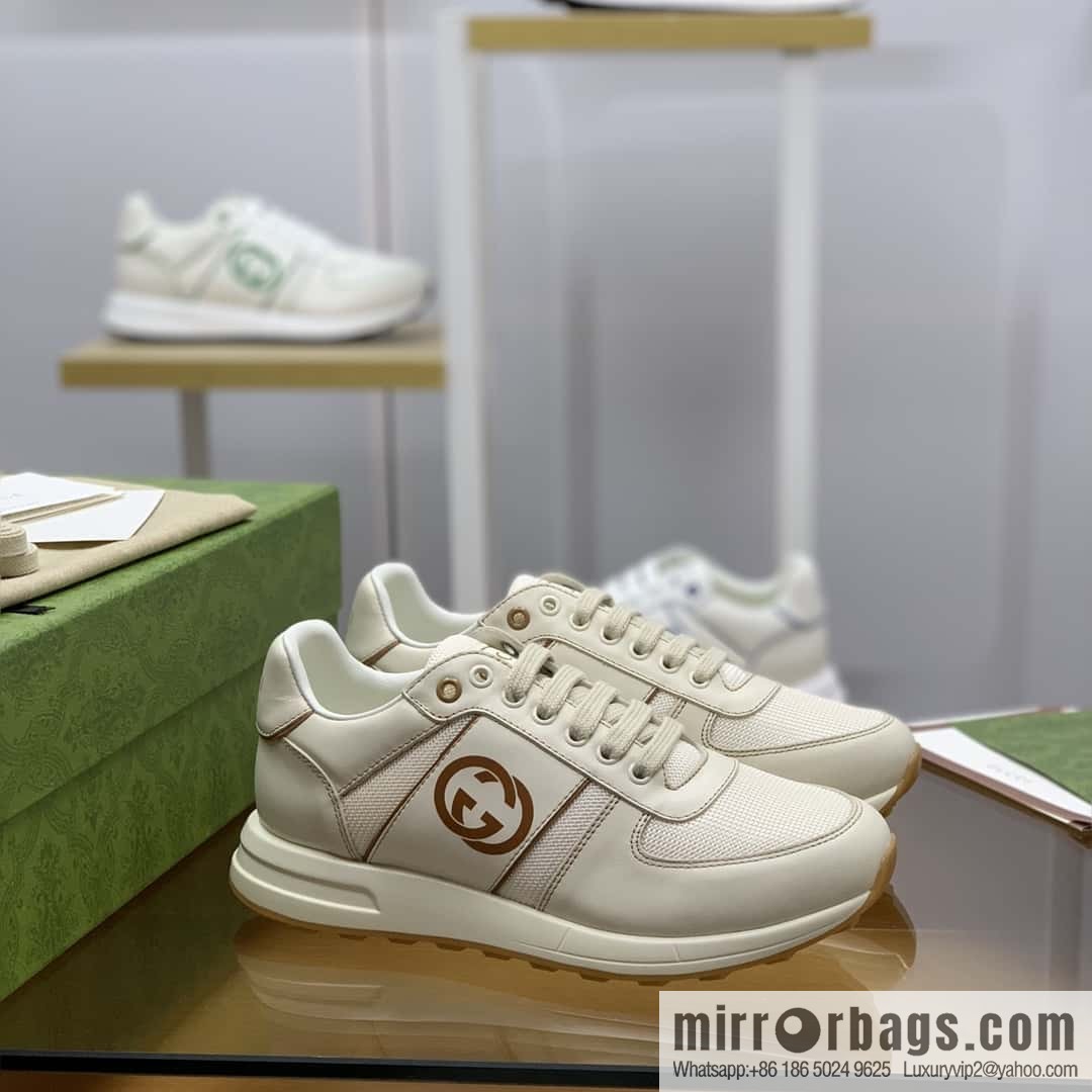 GUCCI beige leather with beige mesh, men's sports running shoes