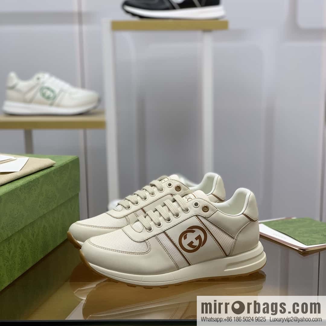 GUCCI beige leather with beige mesh, men's sports running shoes