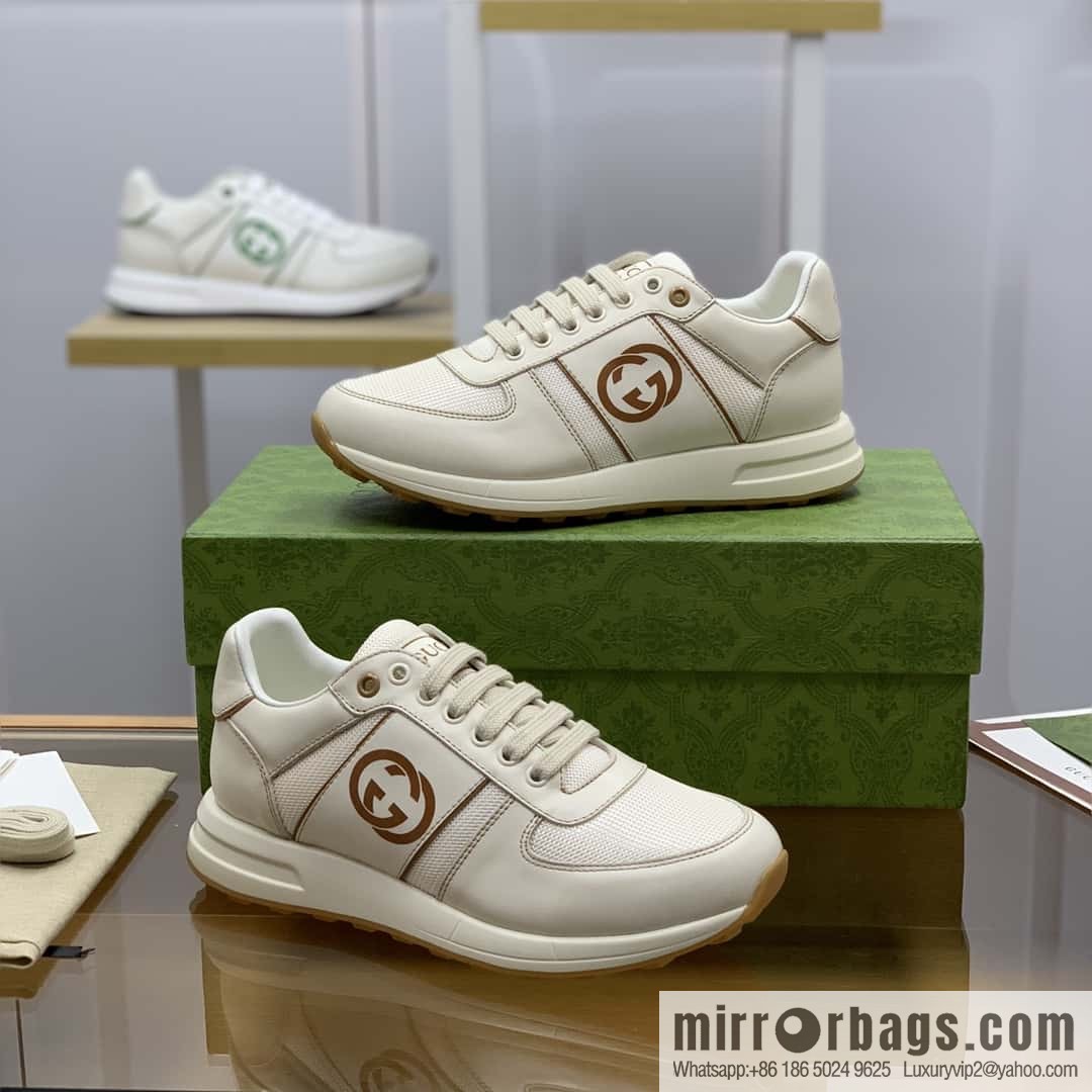 GUCCI beige leather with beige mesh, men's sports running shoes