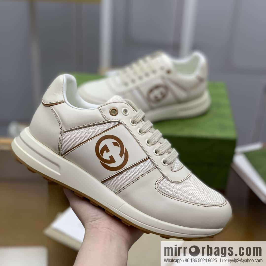 GUCCI beige leather with beige mesh, men's sports running shoes
