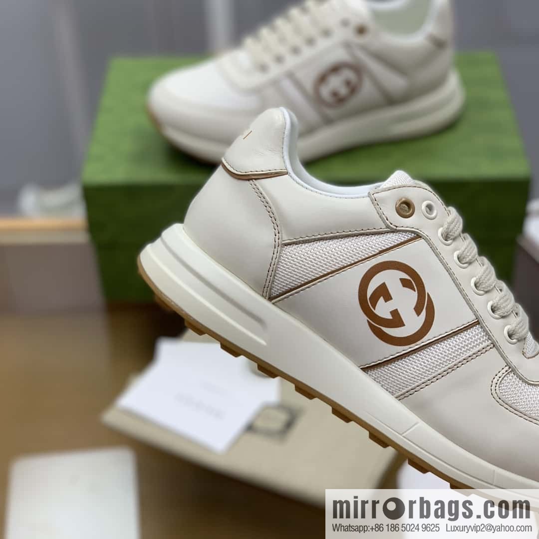 GUCCI beige leather with beige mesh, men's sports running shoes