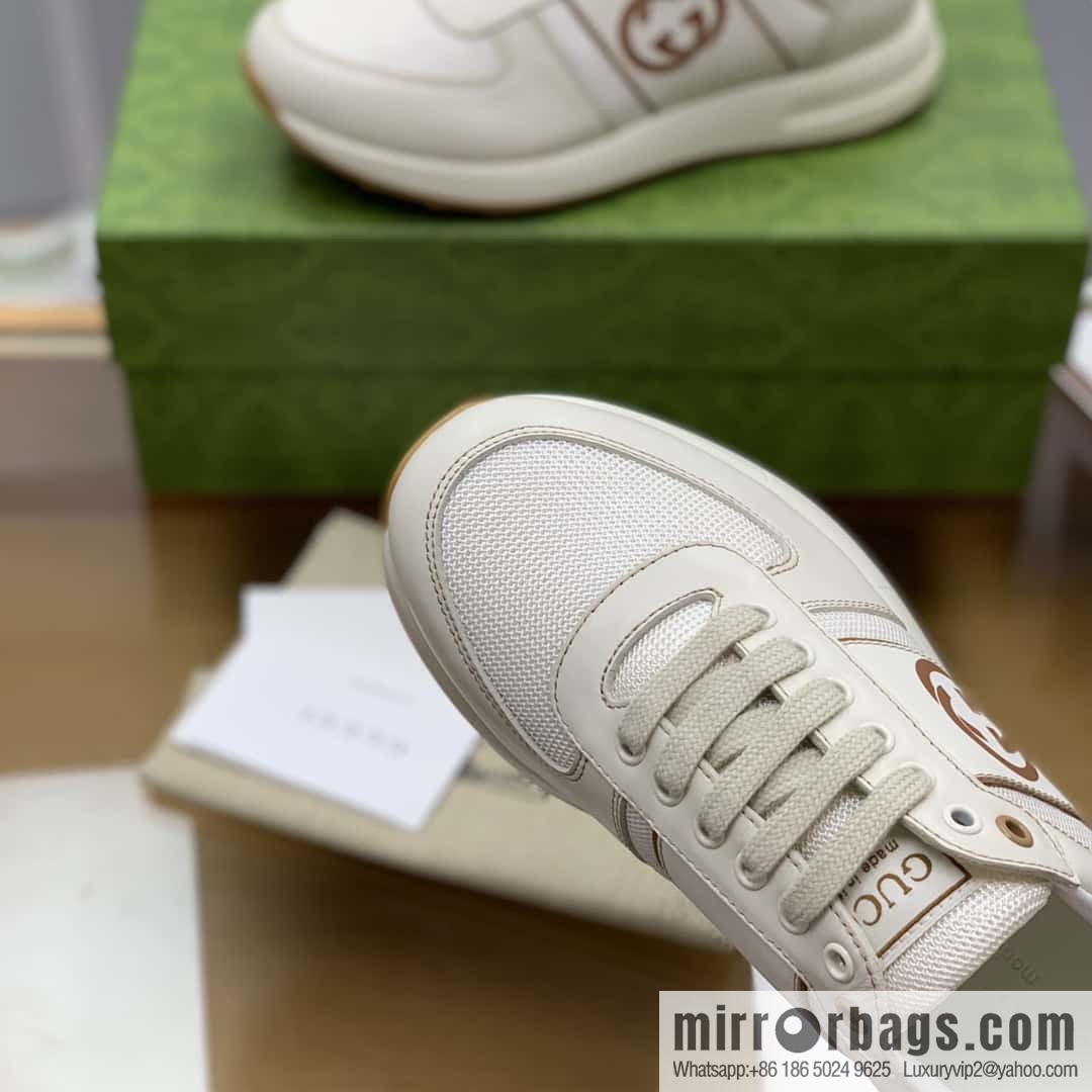 GUCCI beige leather with beige mesh, men's sports running shoes