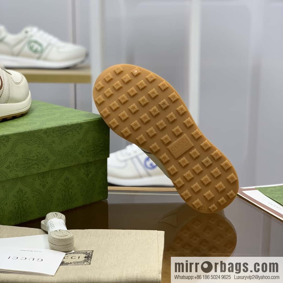 GUCCI beige leather with beige mesh, men's sports running shoes