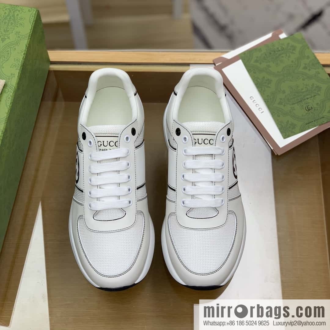 GUCCI white leather with white mesh, men's sports running shoes