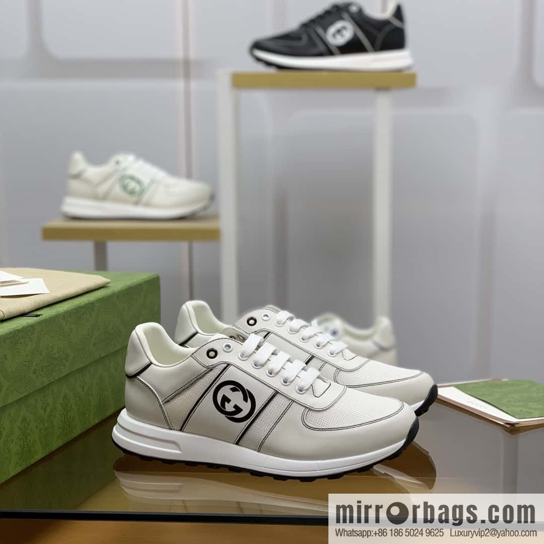 GUCCI white leather with white mesh, men's sports running shoes