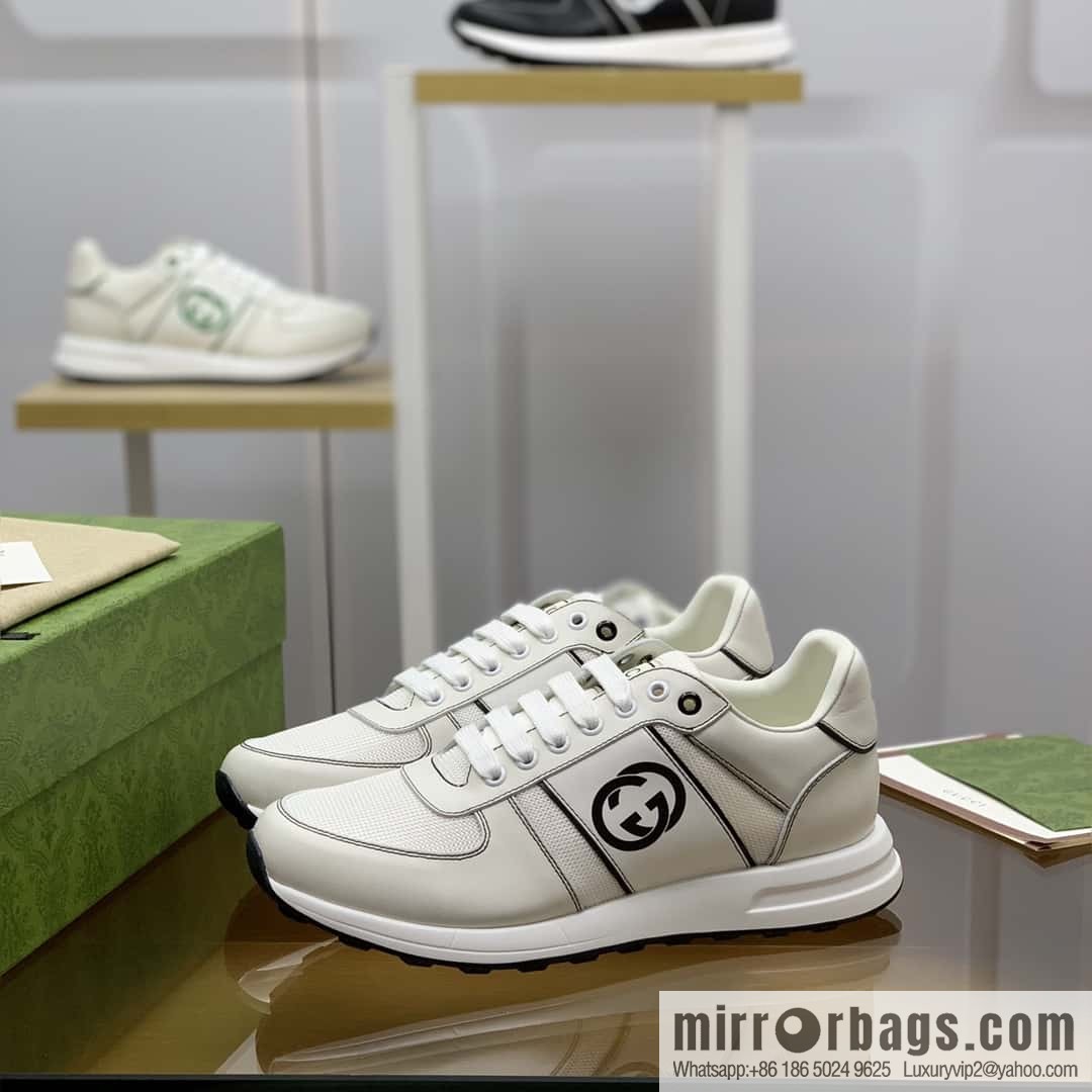 GUCCI white leather with white mesh, men's sports running shoes
