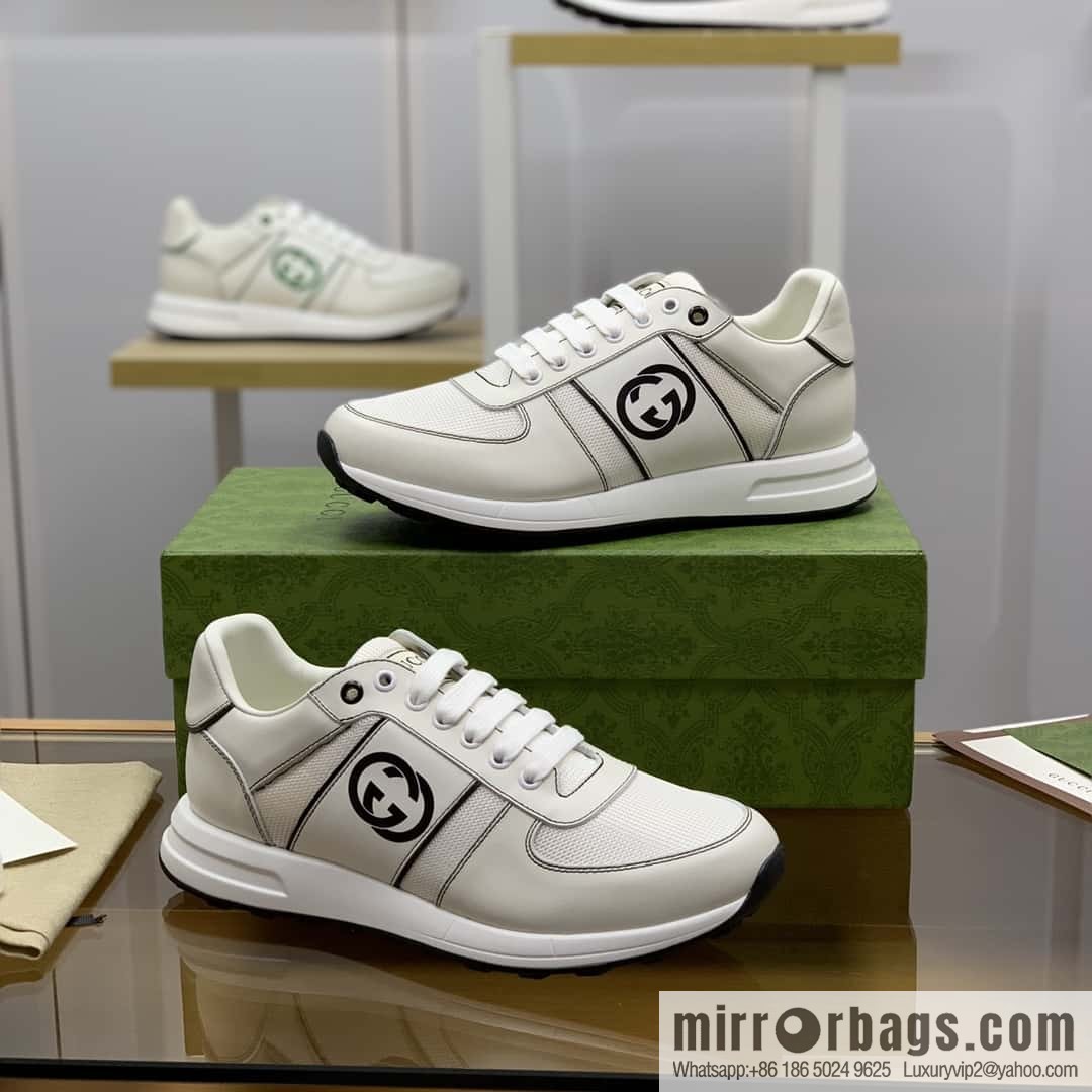 GUCCI white leather with white mesh, men's sports running shoes