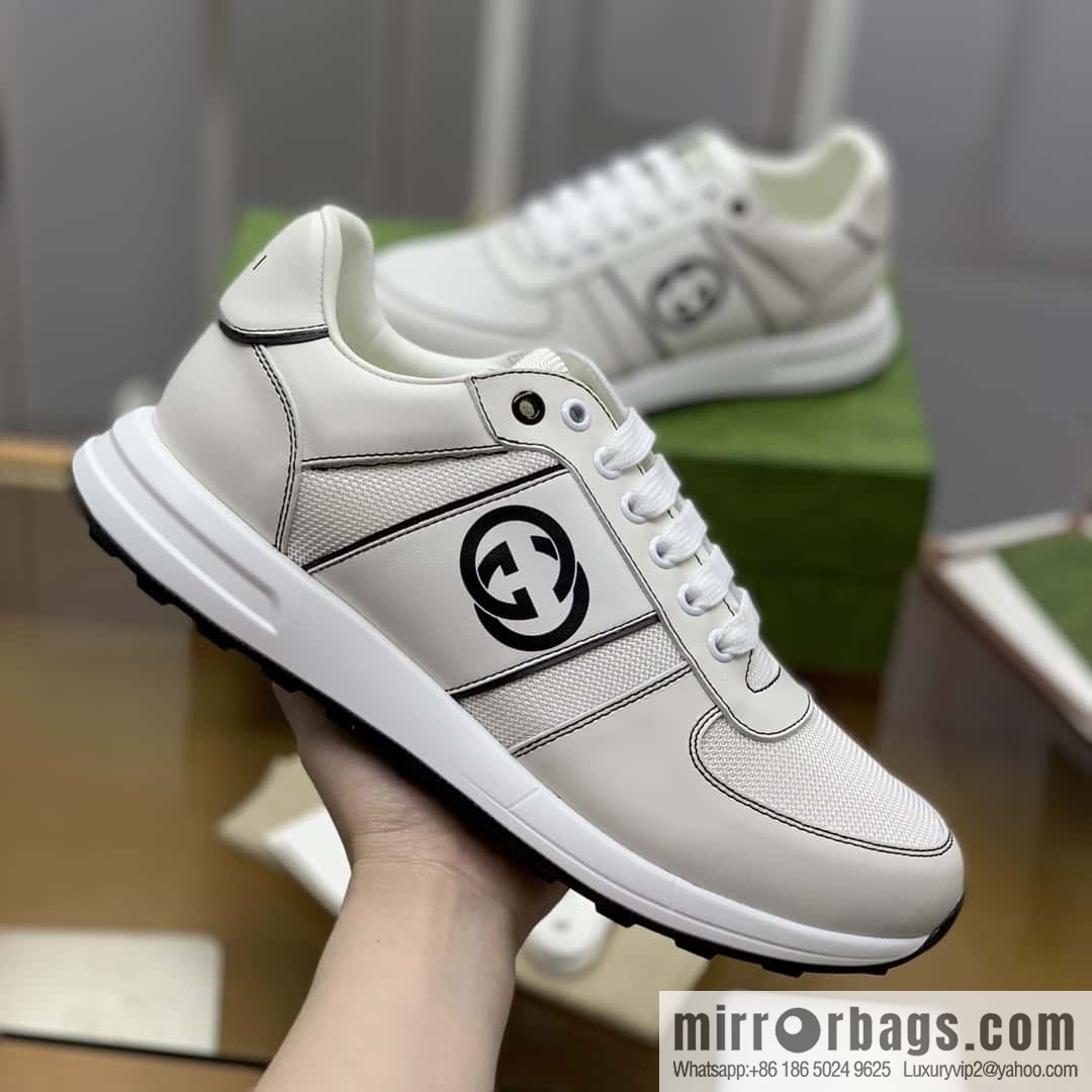 GUCCI white leather with white mesh, men's sports running shoes