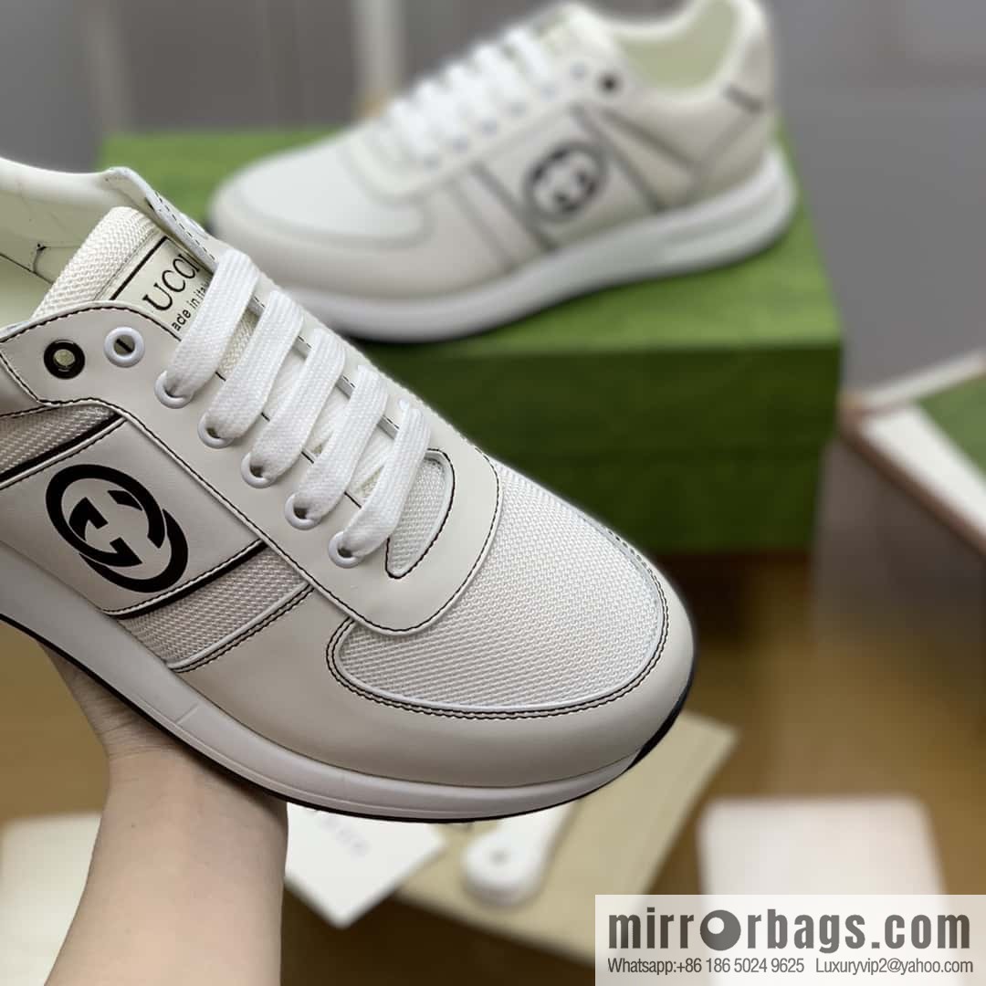 GUCCI white leather with white mesh, men's sports running shoes