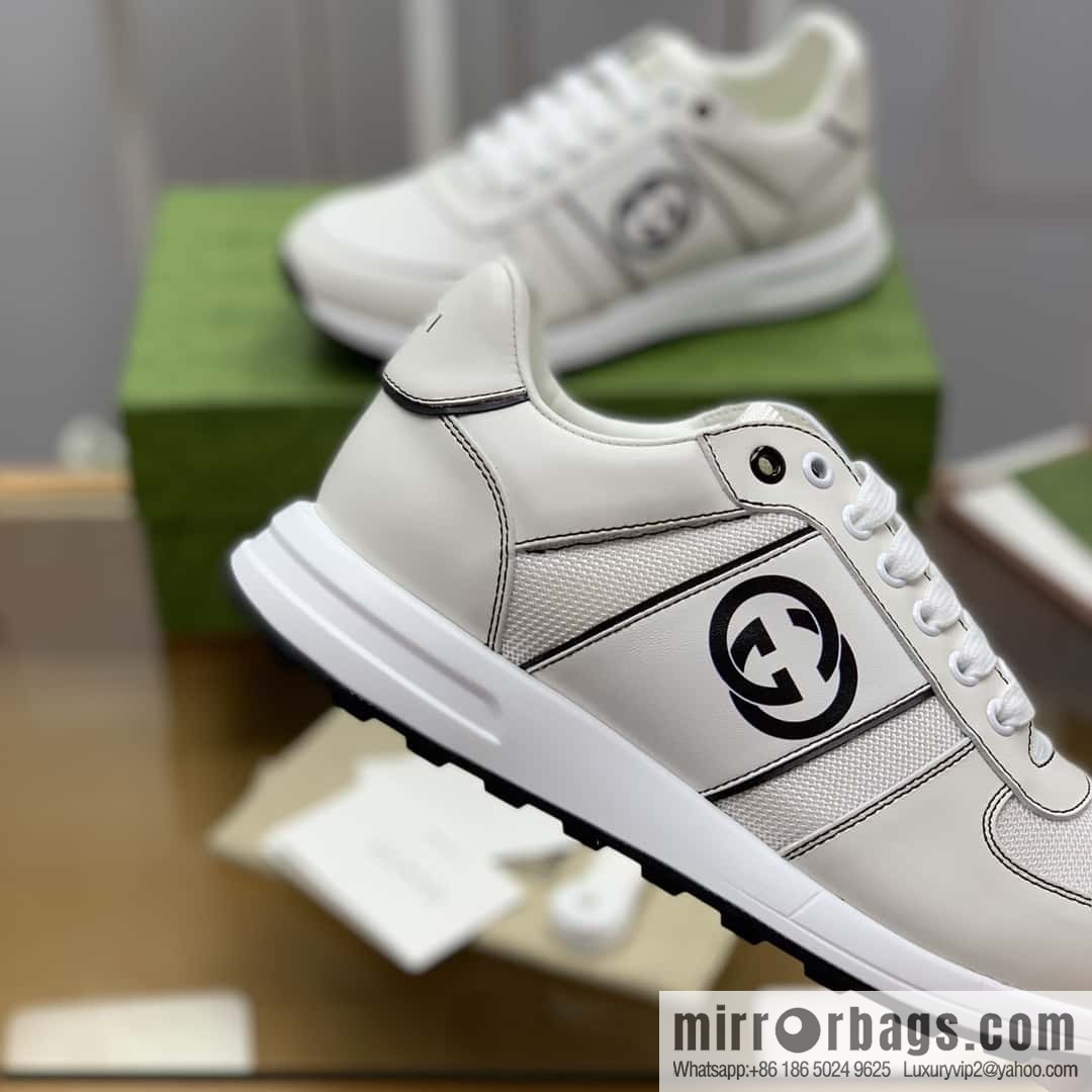 GUCCI white leather with white mesh, men's sports running shoes