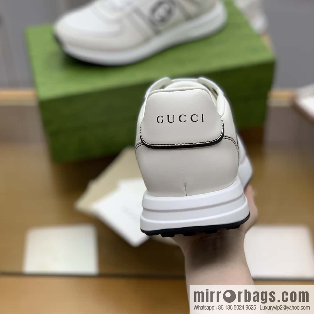 GUCCI white leather with white mesh, men's sports running shoes