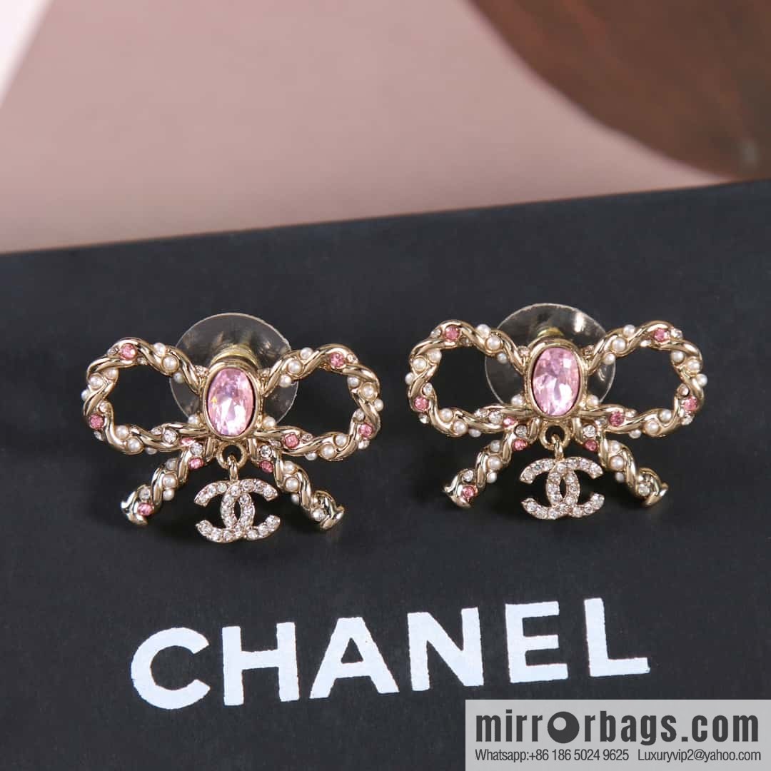 New ☑️ Chanel C2 double c pink diamond bow stud earrings