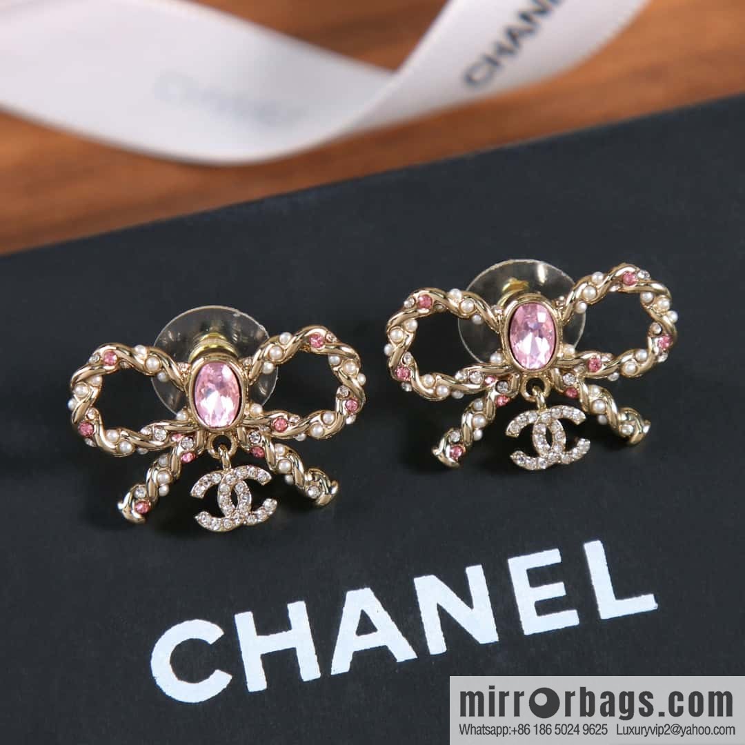 New ☑️ Chanel C2 double c pink diamond bow stud earrings