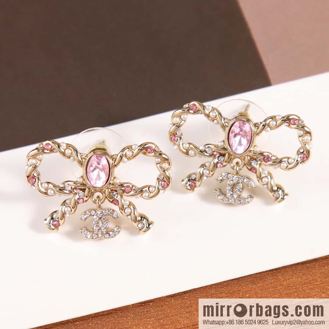 New ☑️ Chanel C2 double c pink diamond bow stud earrings