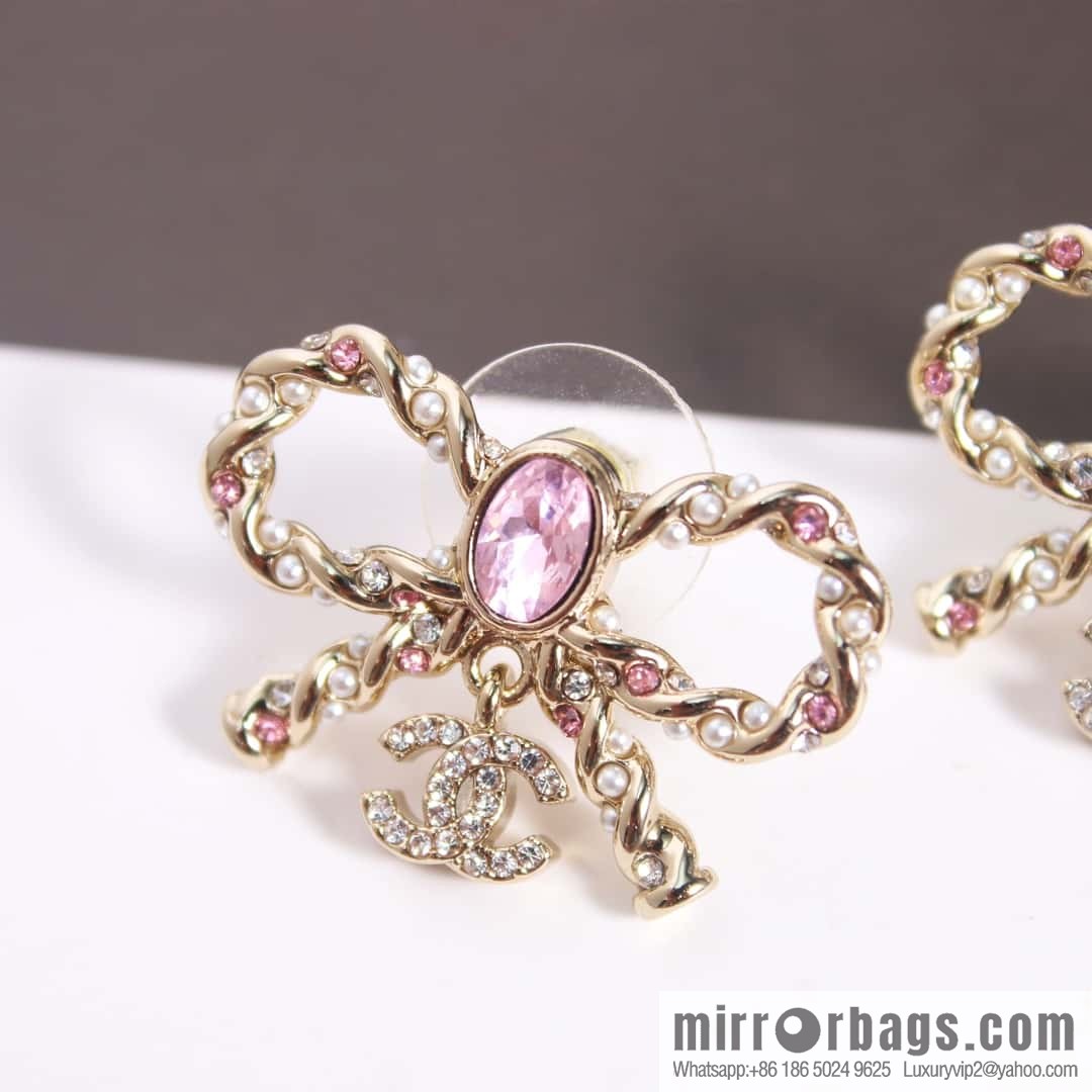 New ☑️ Chanel C2 double c pink diamond bow stud earrings