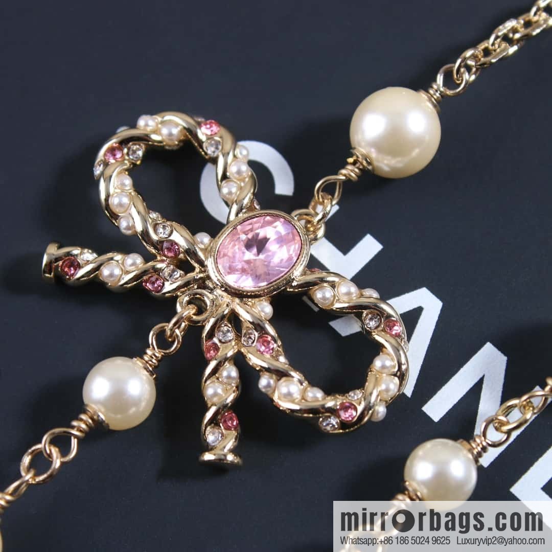 New ☑️ Chanel Double C Pink Diamond Bow Pearl Necklace Sweater Chain