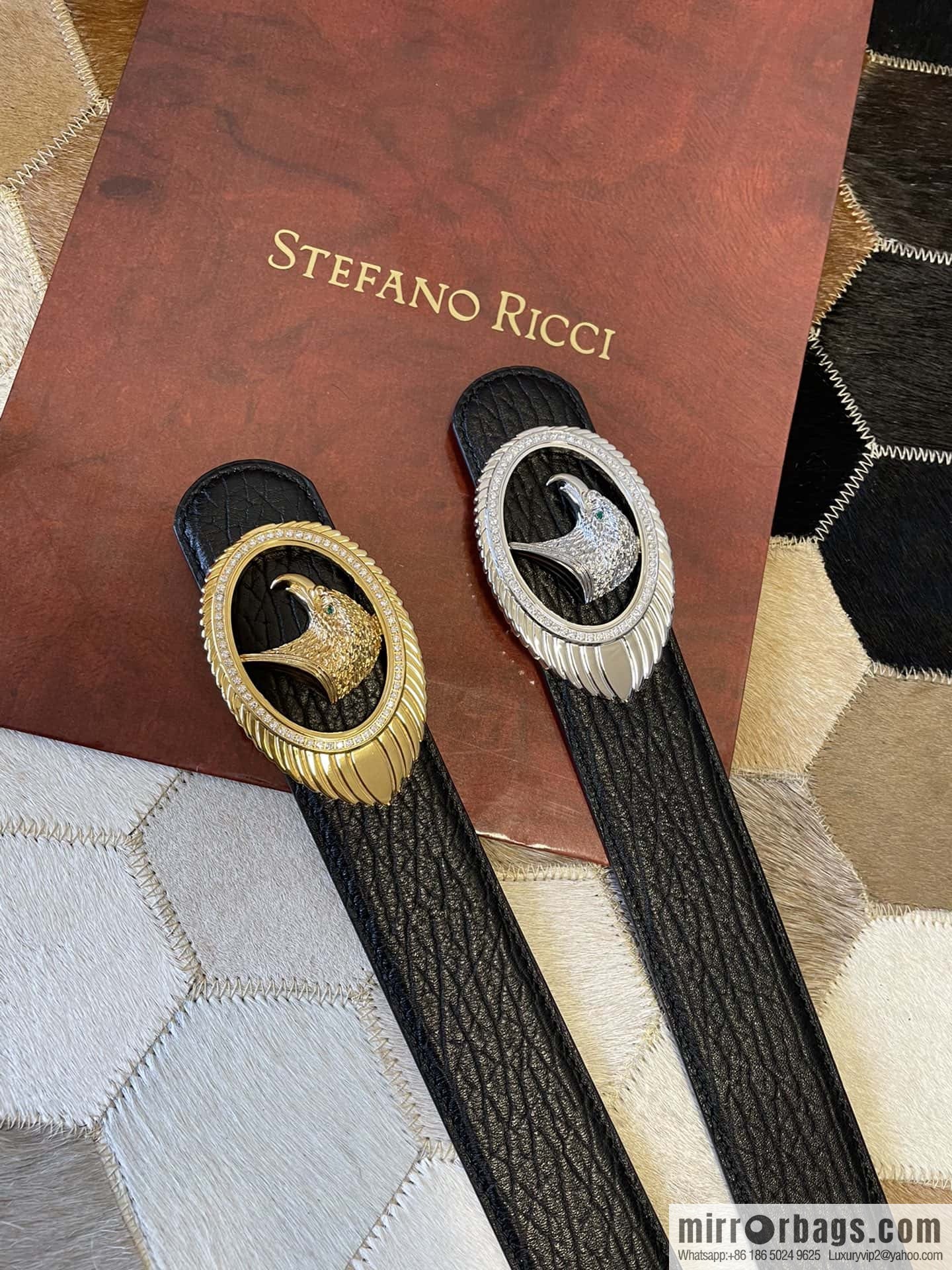 STEFANO RICCI STEFANO RICCI New Stainless Steel Eagle Head Feather Inlaid Diamond Buckle 3.8cm First Layer Cowhide Press Textured Belt