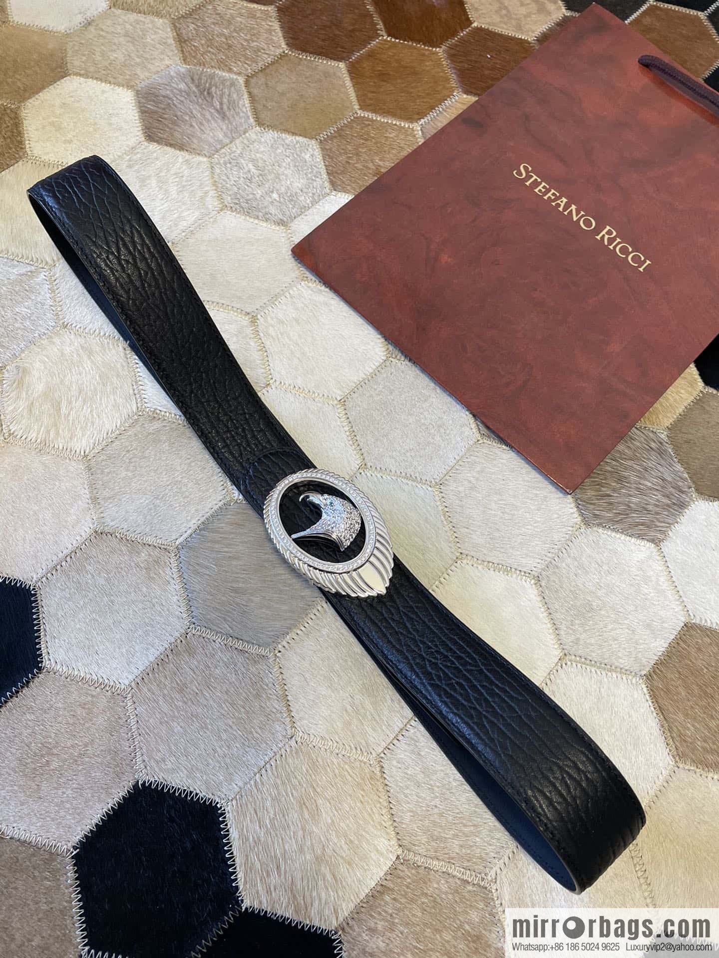 STEFANO RICCI STEFANO RICCI New Stainless Steel Eagle Head Feather Inlaid Diamond Buckle 3.8cm First Layer Cowhide Press Textured Belt