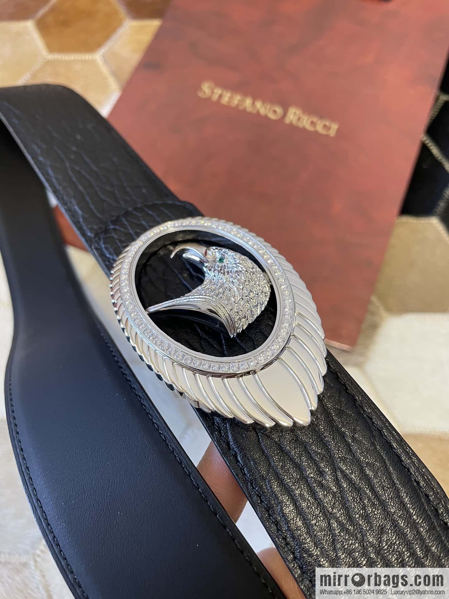 STEFANO RICCI STEFANO RICCI New Stainless Steel Eagle Head Feather Inlaid Diamond Buckle 3.8cm First Layer Cowhide Press Textured Belt