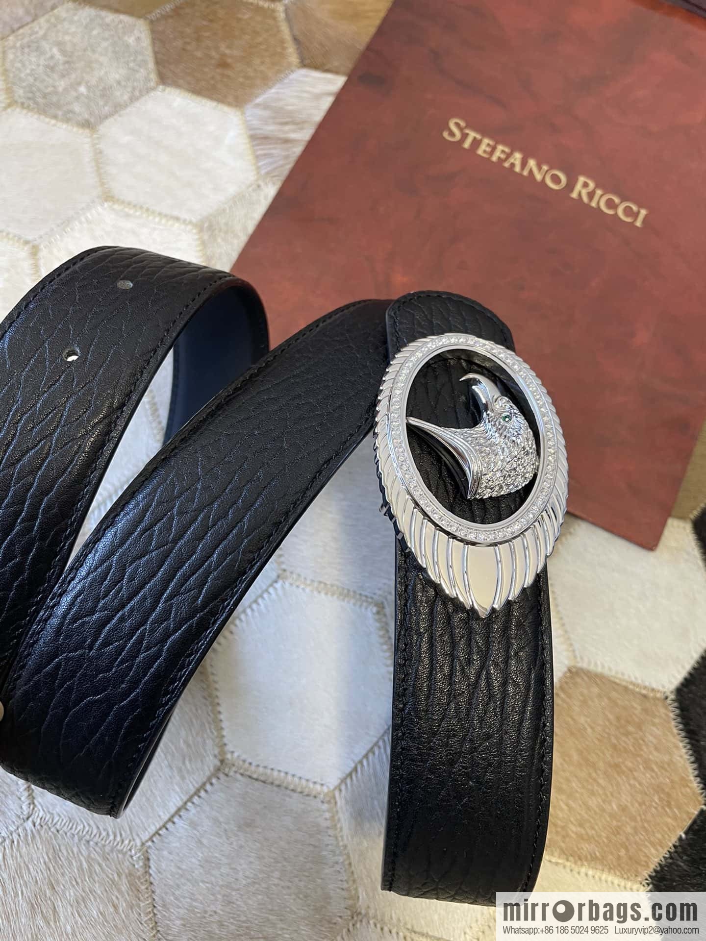 STEFANO RICCI STEFANO RICCI New Stainless Steel Eagle Head Feather Inlaid Diamond Buckle 3.8cm First Layer Cowhide Press Textured Belt