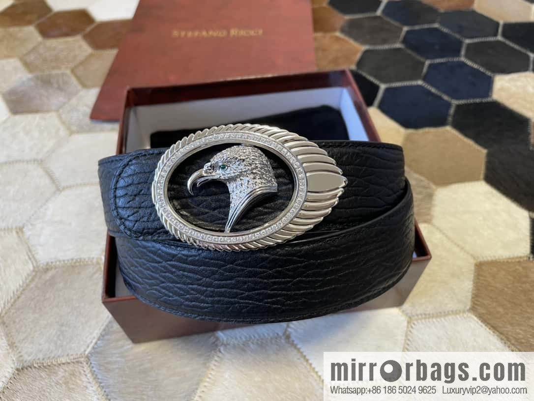 STEFANO RICCI STEFANO RICCI New Stainless Steel Eagle Head Feather Inlaid Diamond Buckle 3.8cm First Layer Cowhide Press Textured Belt