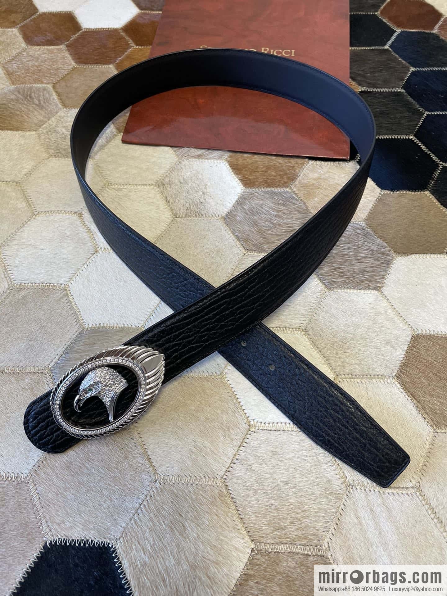 STEFANO RICCI STEFANO RICCI New Stainless Steel Eagle Head Feather Inlaid Diamond Buckle 3.8cm First Layer Cowhide Press Textured Belt