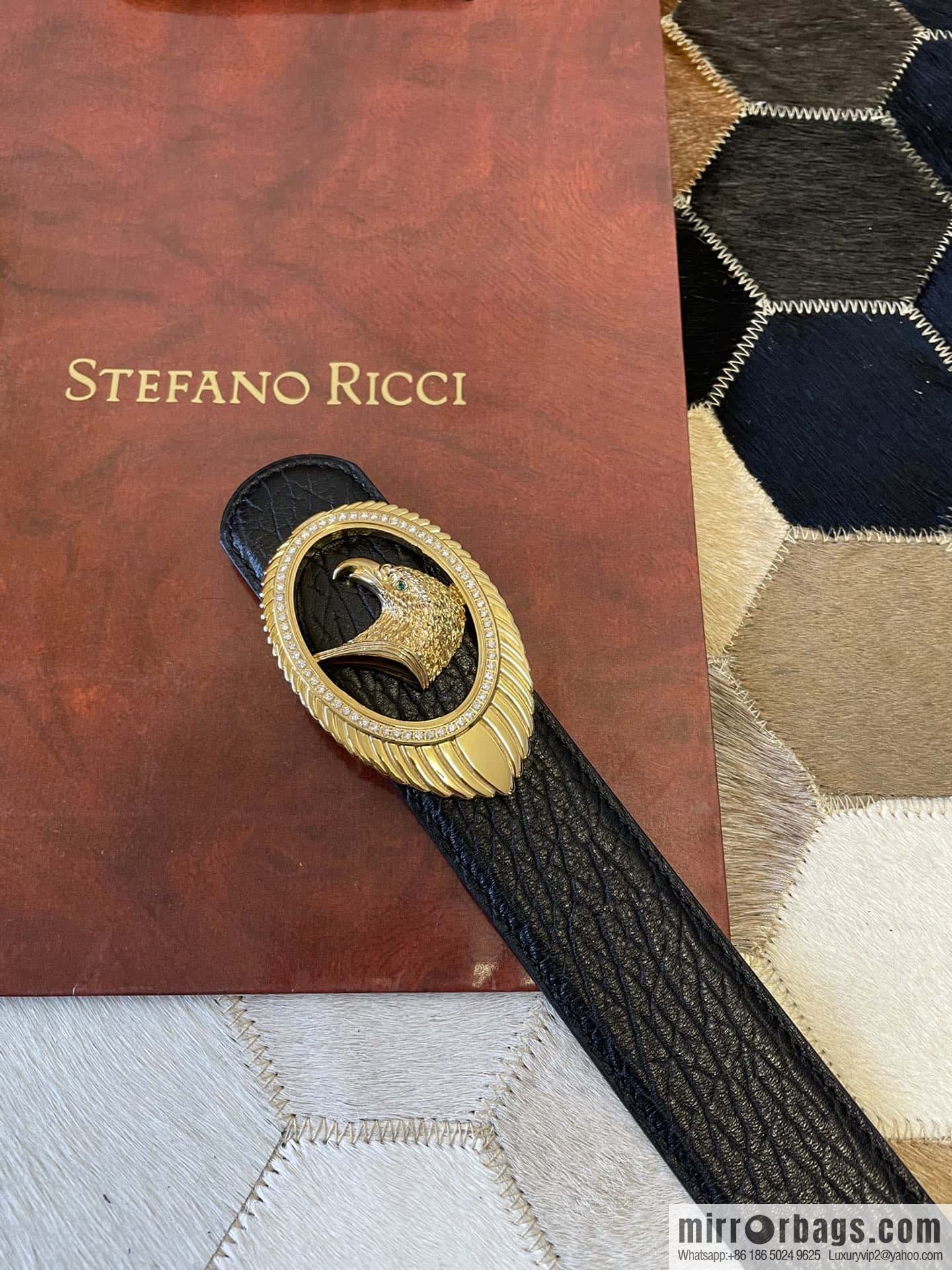 STEFANO RICCI STEFANO RICCI New Stainless Steel Eagle Head Feather Inlaid Diamond Buckle 3.8cm First Layer Cowhide Press Textured Belt
