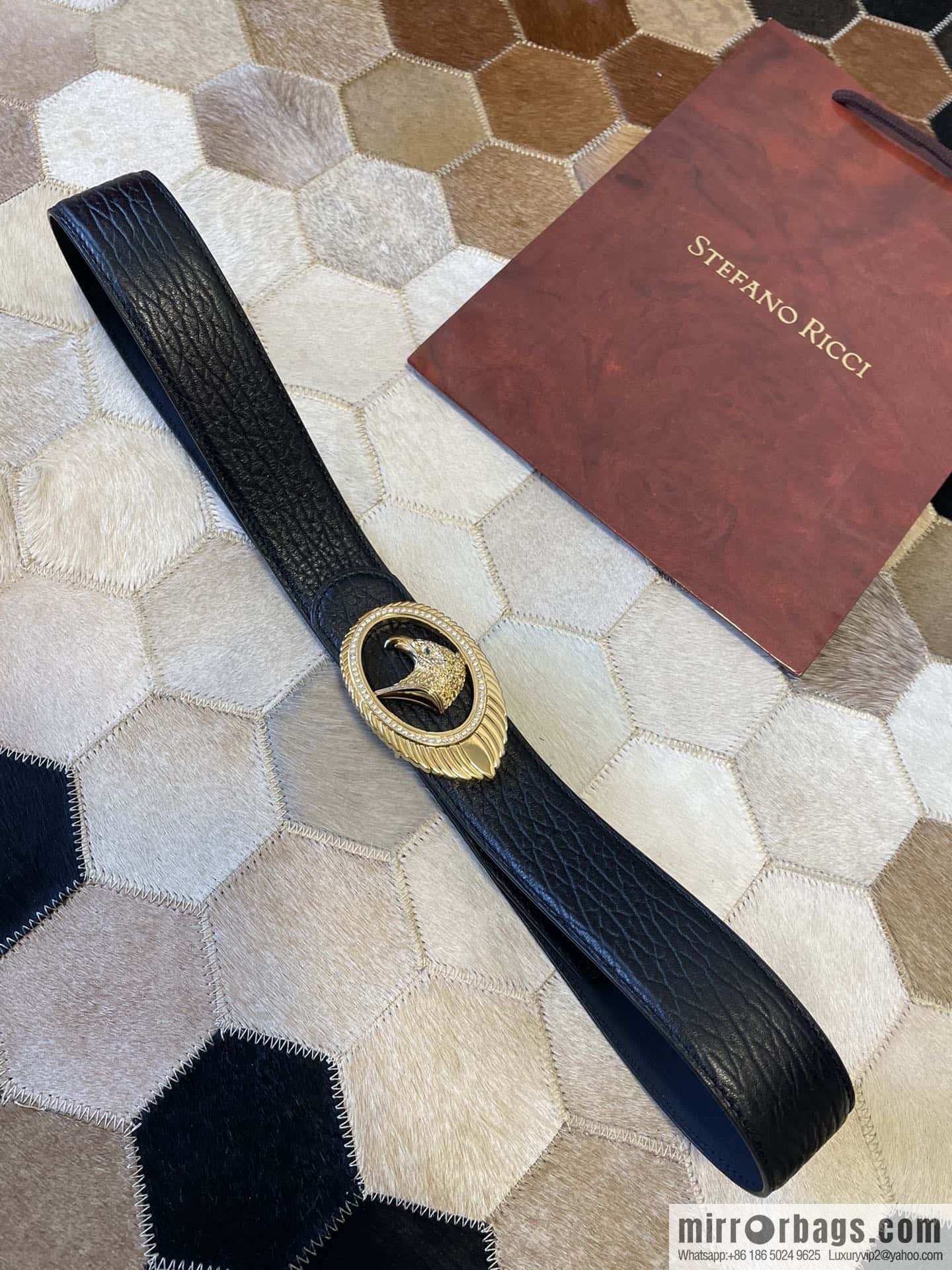 STEFANO RICCI STEFANO RICCI New Stainless Steel Eagle Head Feather Inlaid Diamond Buckle 3.8cm First Layer Cowhide Press Textured Belt