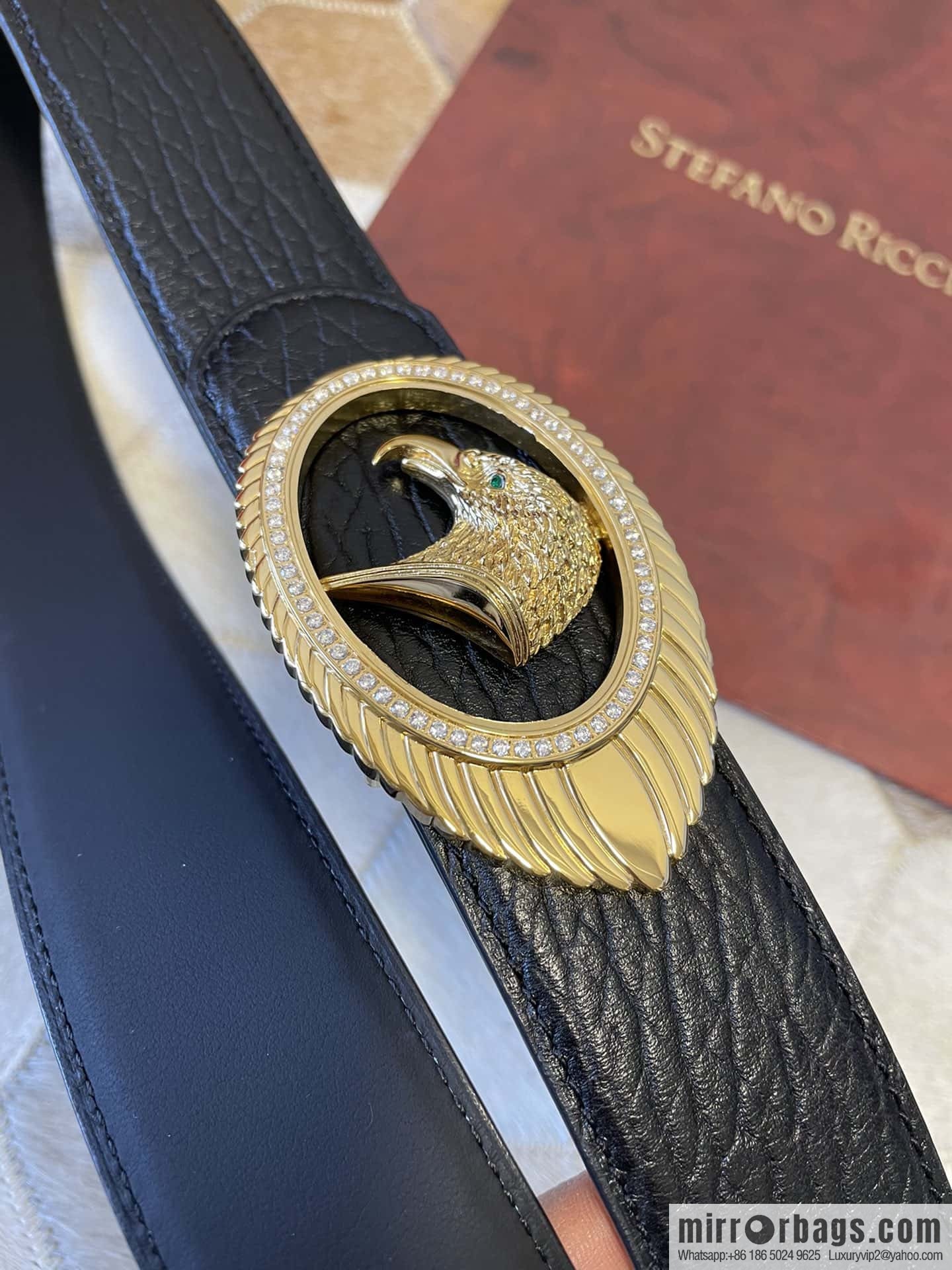 STEFANO RICCI STEFANO RICCI New Stainless Steel Eagle Head Feather Inlaid Diamond Buckle 3.8cm First Layer Cowhide Press Textured Belt