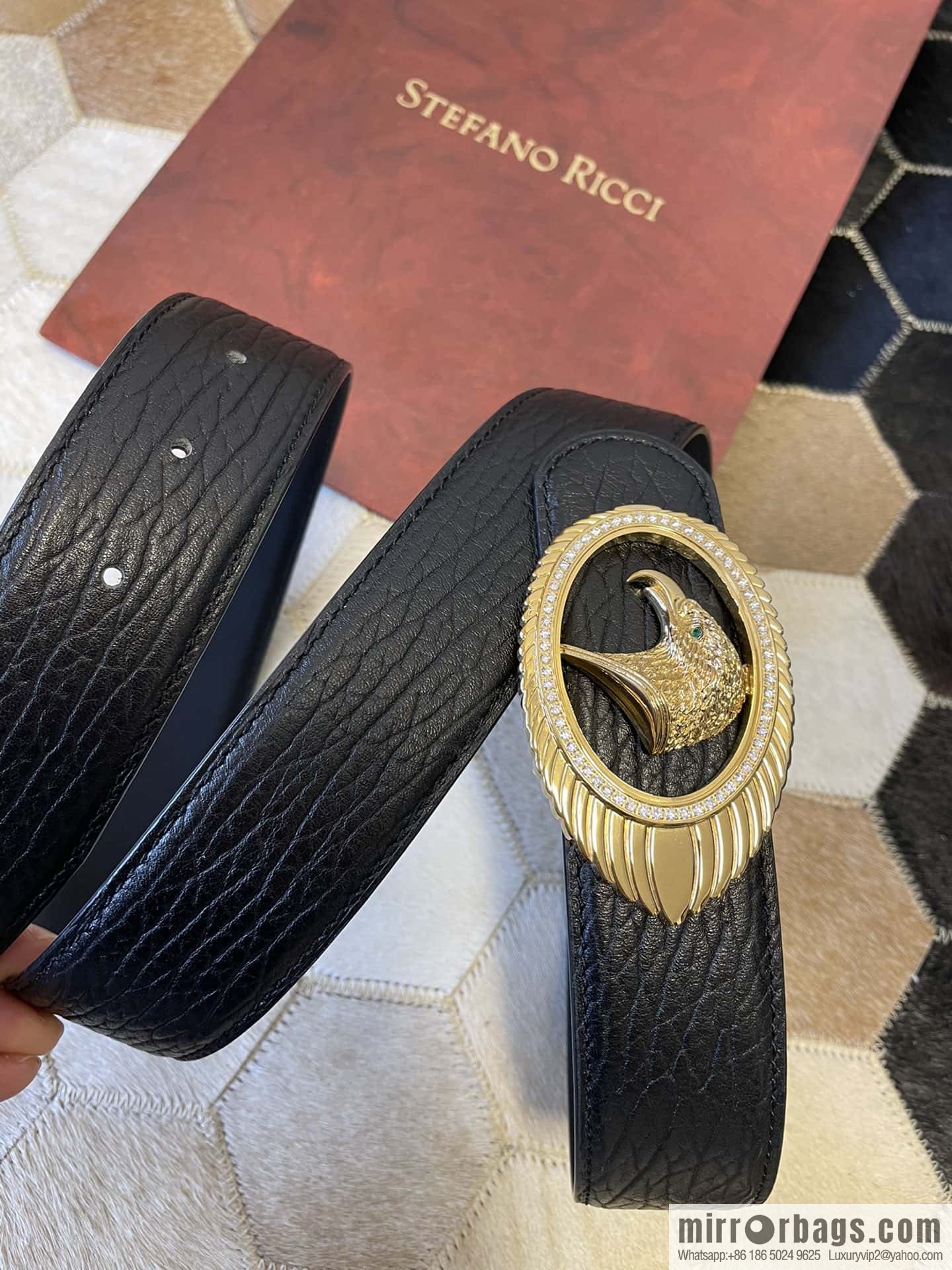 STEFANO RICCI STEFANO RICCI New Stainless Steel Eagle Head Feather Inlaid Diamond Buckle 3.8cm First Layer Cowhide Press Textured Belt