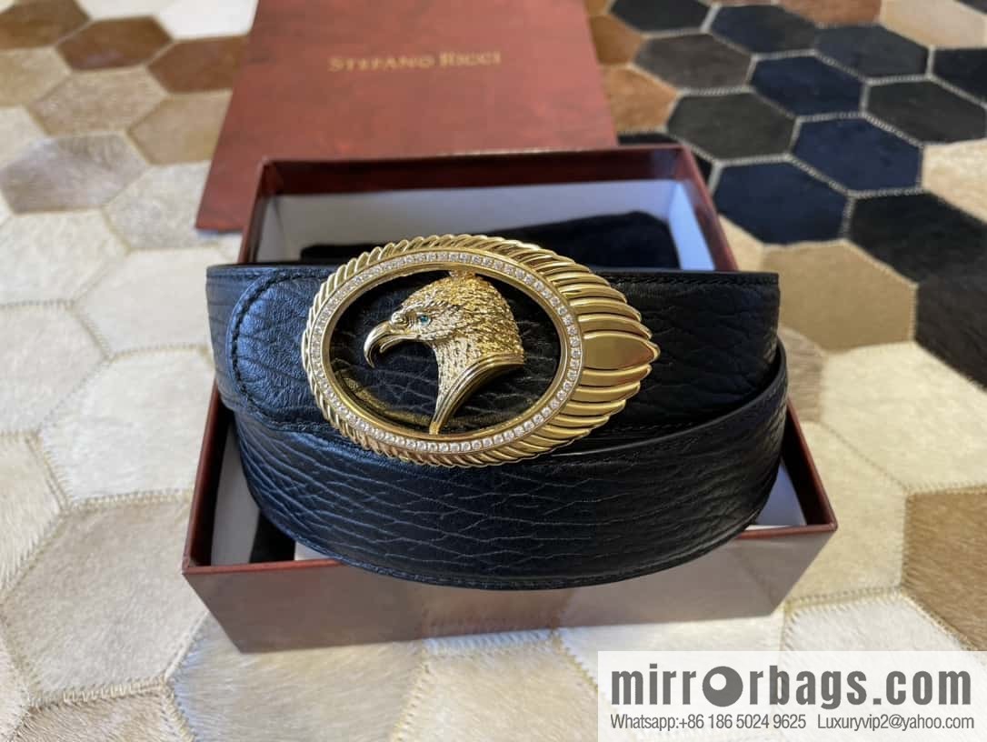 STEFANO RICCI STEFANO RICCI New Stainless Steel Eagle Head Feather Inlaid Diamond Buckle 3.8cm First Layer Cowhide Press Textured Belt