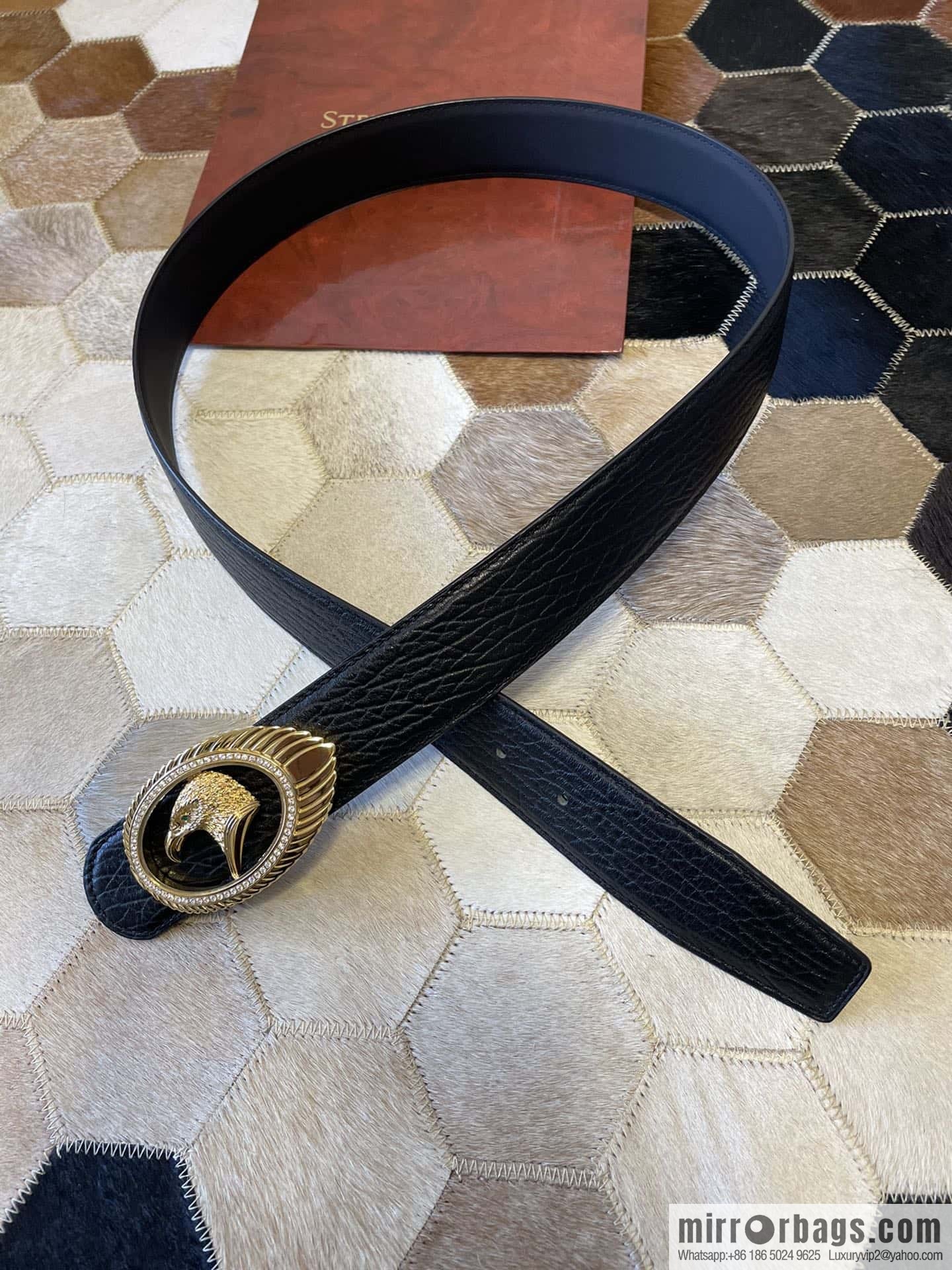 STEFANO RICCI STEFANO RICCI New Stainless Steel Eagle Head Feather Inlaid Diamond Buckle 3.8cm First Layer Cowhide Press Textured Belt