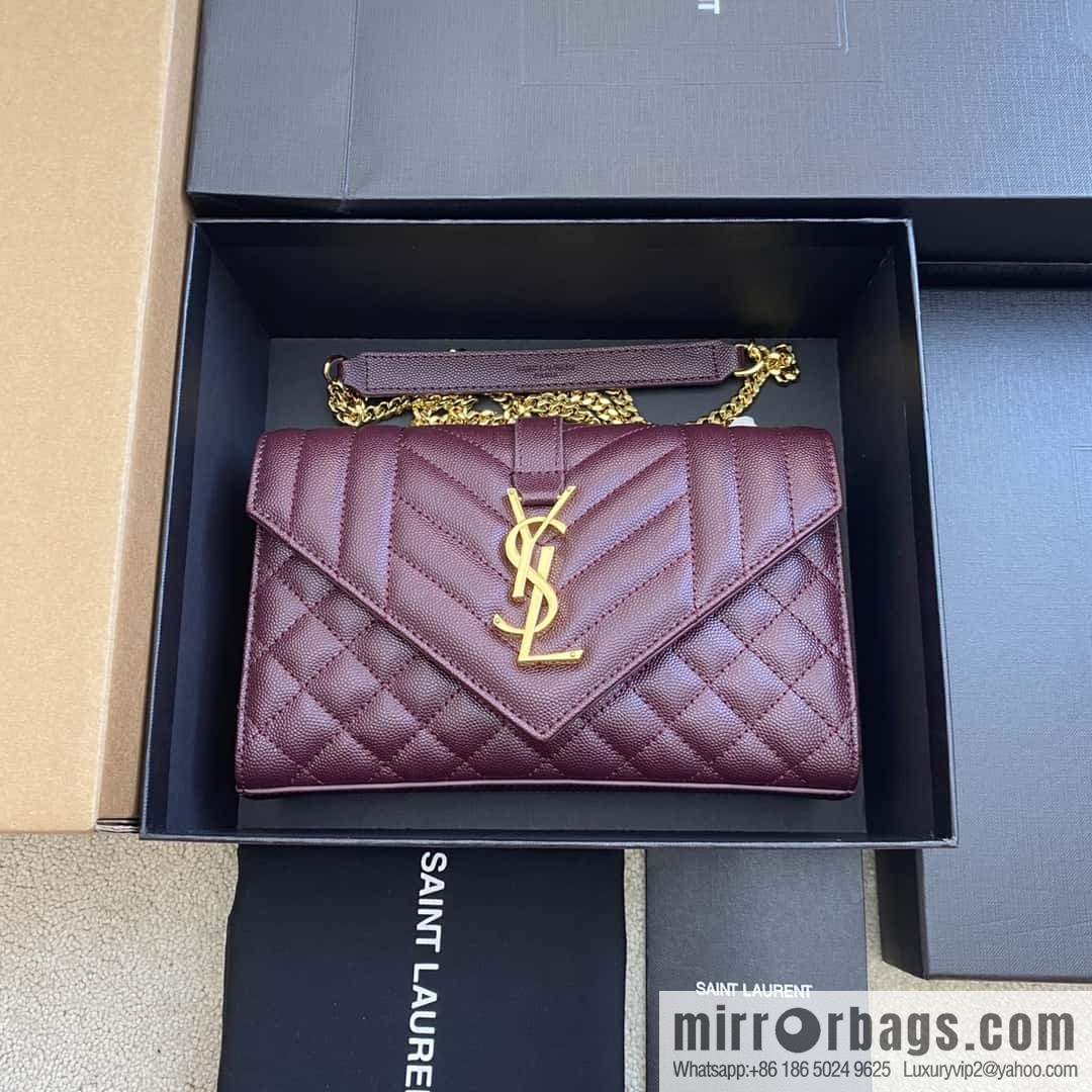 YSL new π¬πππππππ# small 21CM original grain embossed quilted pattern leather envelope bag wine model: 600915 red ball pattern/gold buckle
