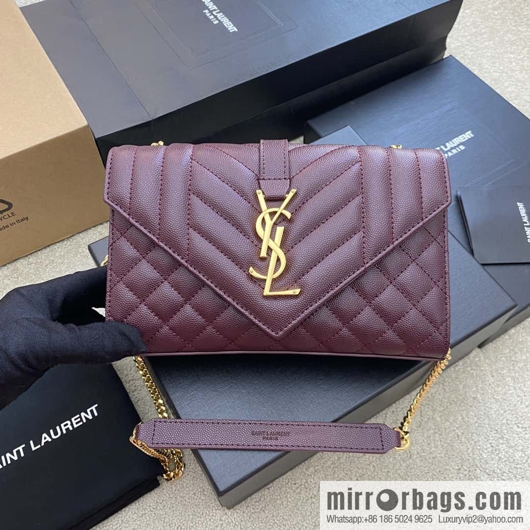 YSL new π¬πππππππ# small 21CM original grain embossed quilted pattern leather envelope bag wine model: 600915 red ball pattern/gold buckle